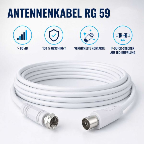 F-Stecker/ Koax-Kupplung, RG 59, >80 dB, weiß