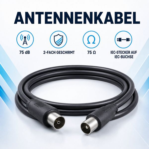 TV Antennenkabel IEC-Stecker auf IEC-Buchse 75 dB, schwarz